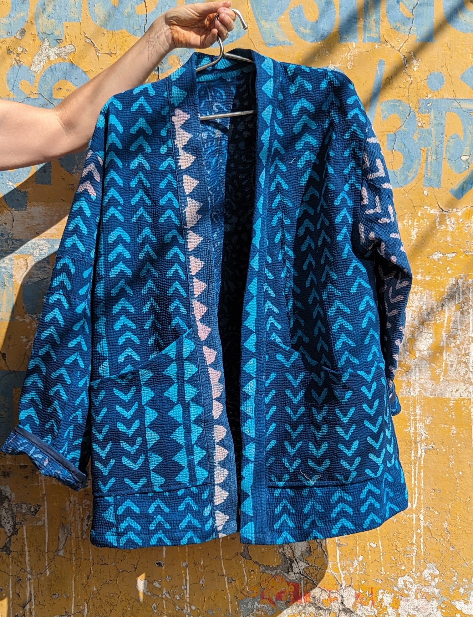 Kantha Jacket with Indigo overdye and blockprint